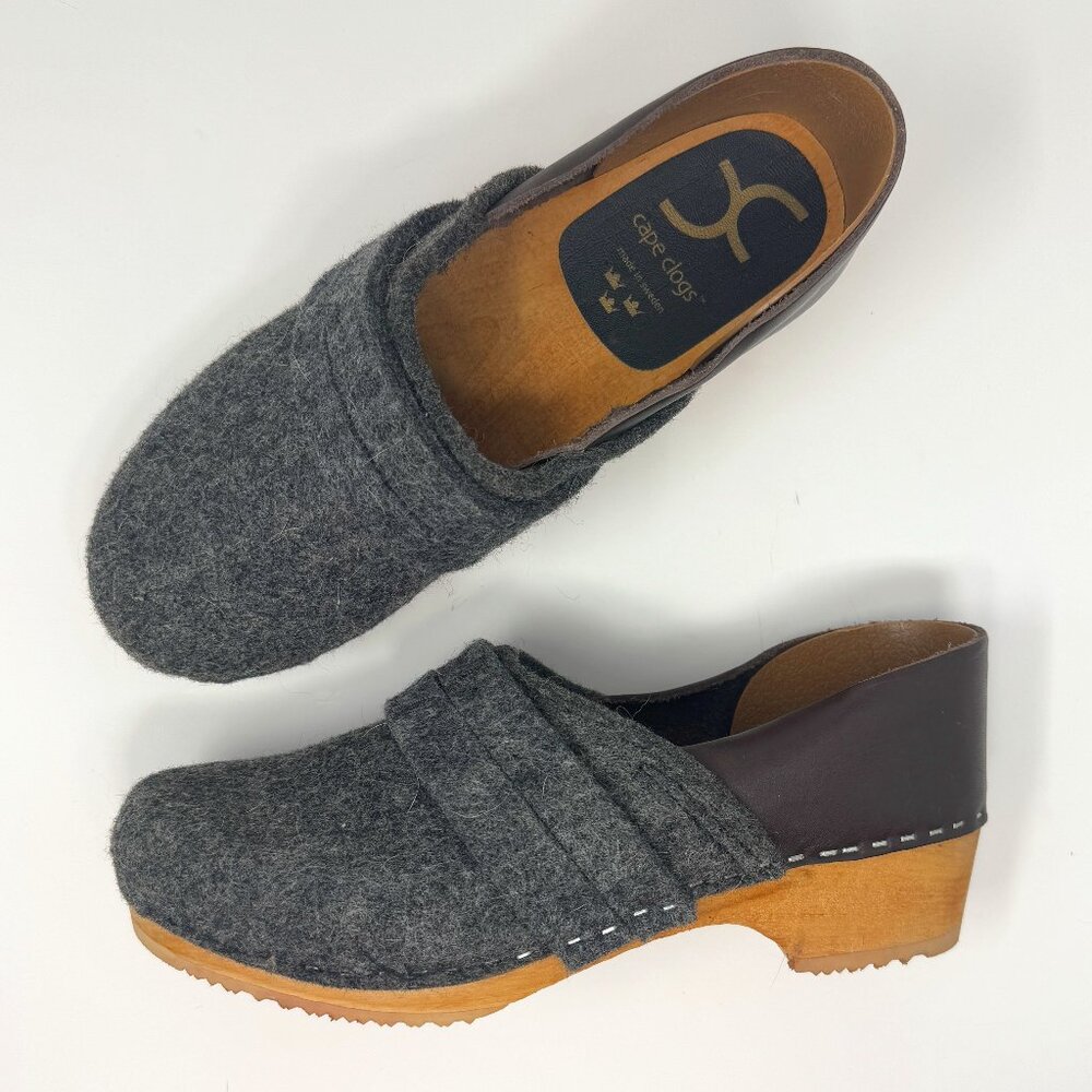 Cape Clog Wooden Sole Clogs Wool Felt Grey Leather Clogs EU 41 US 10